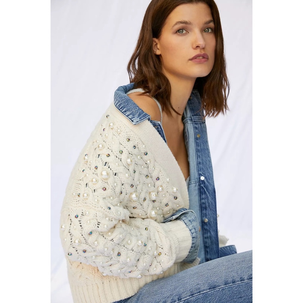 Anthropologie Maeve Embellished Cardigan One Size Cream Pearls - Picture 10 of 14